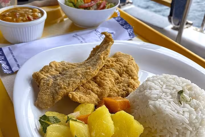 Delicious fish dish with rice and vegetables served on Paraty boat tour, enhancing your culinary experience on board.