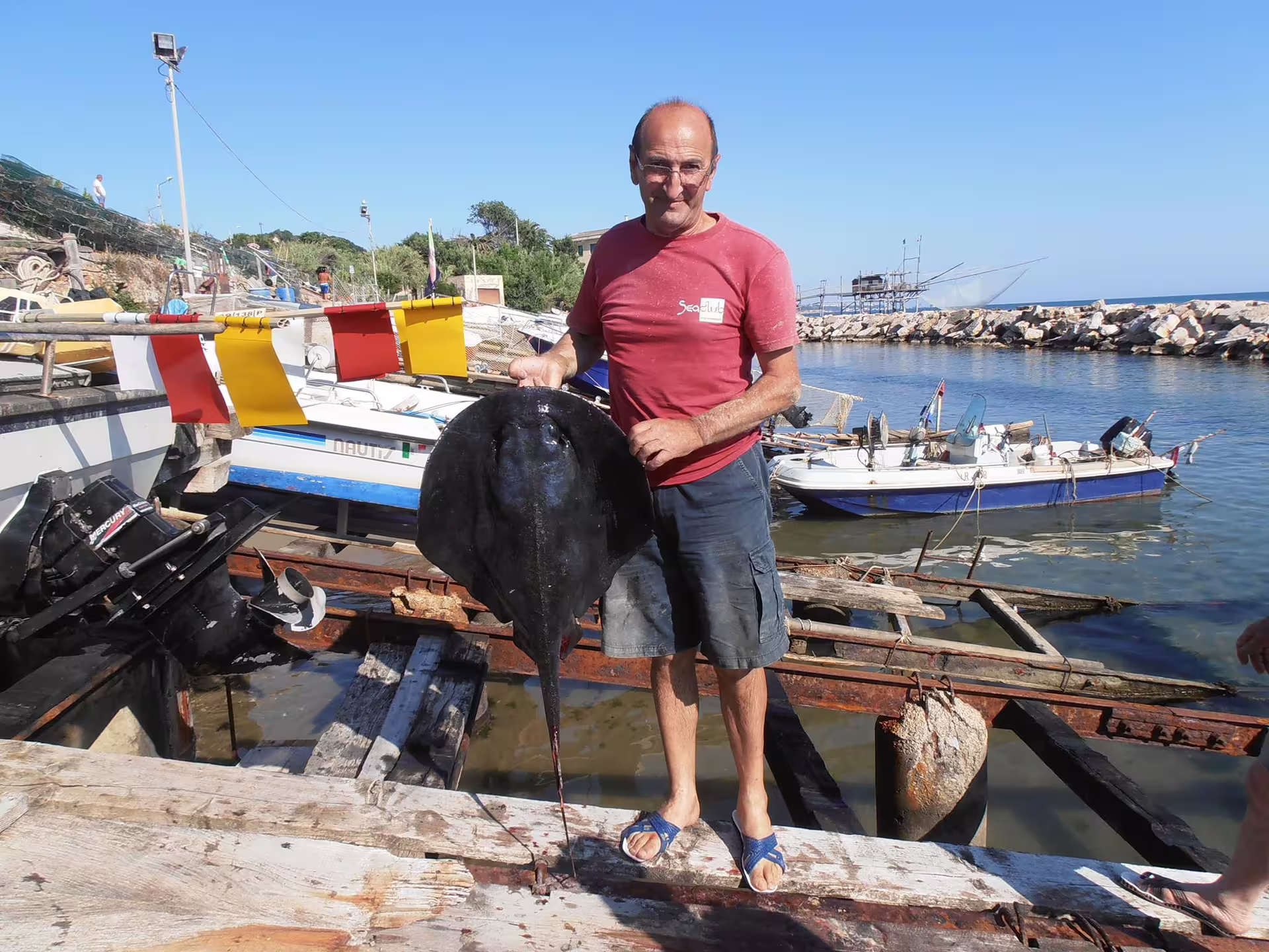 Local fisherman with fresh stingray catch at marina on Italy’s Trabocchi Coast fishing tourism experience