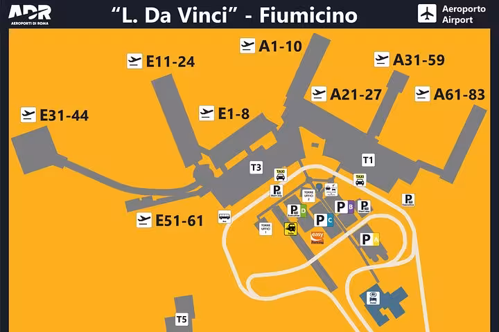 Detailed map of Leonardo da Vinci Fiumicino Airport showing terminal layout and key locations.