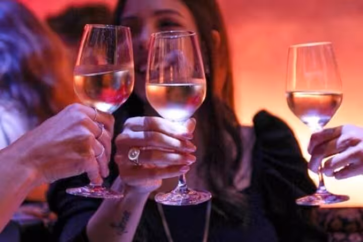 Group of friends toasting with glasses of white wine at an authentic flamenco show in a lively Barcelona setting.