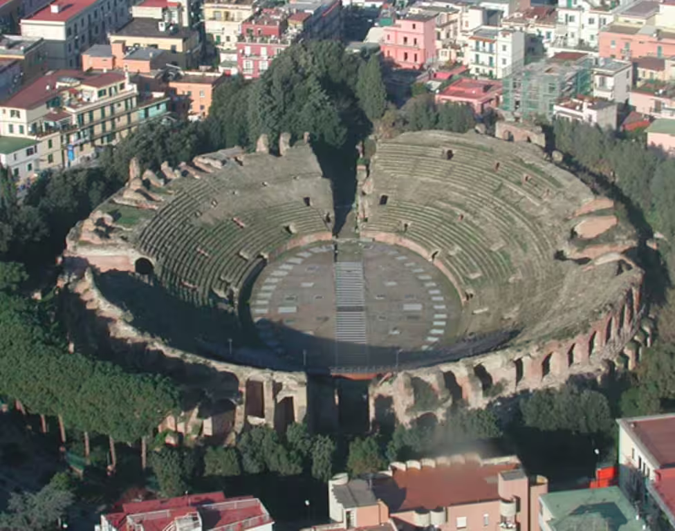 Aerial view of the ancient Flavian Amphitheater in Pozzuoli on a private tour from Naples through the Phlegraean Fields