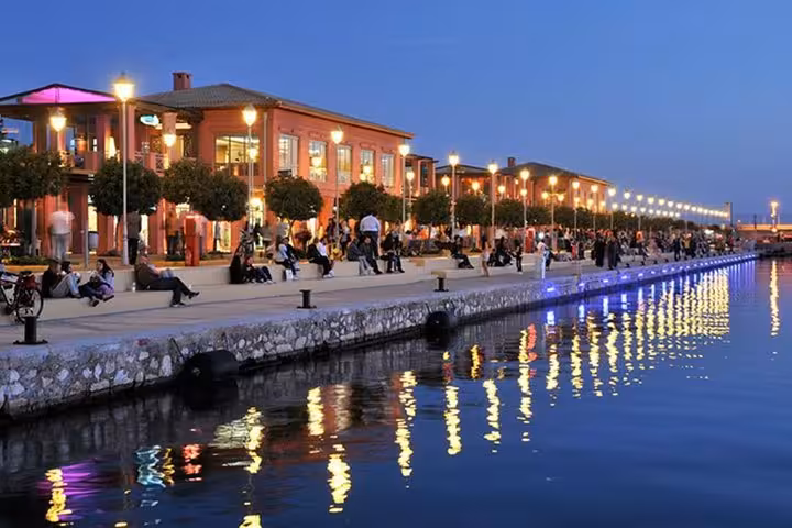 Flisvos Marina waterfront at blue hour, Athens Riviera stop on a luxury private sunset Sounio tour