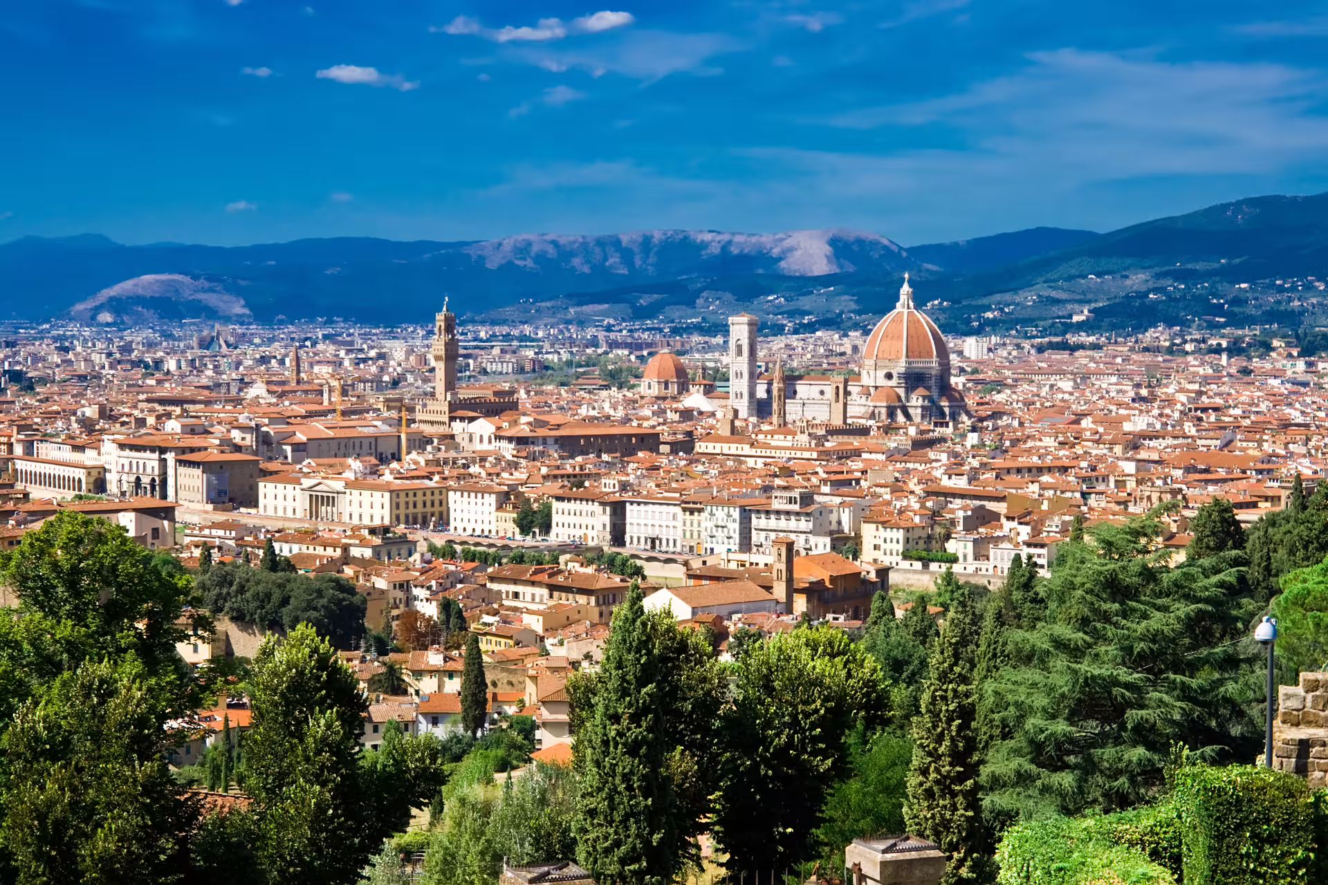 Stunning aerial view of Florence's historic skyline featuring the iconic Florence Cathedral on a bike tour.
