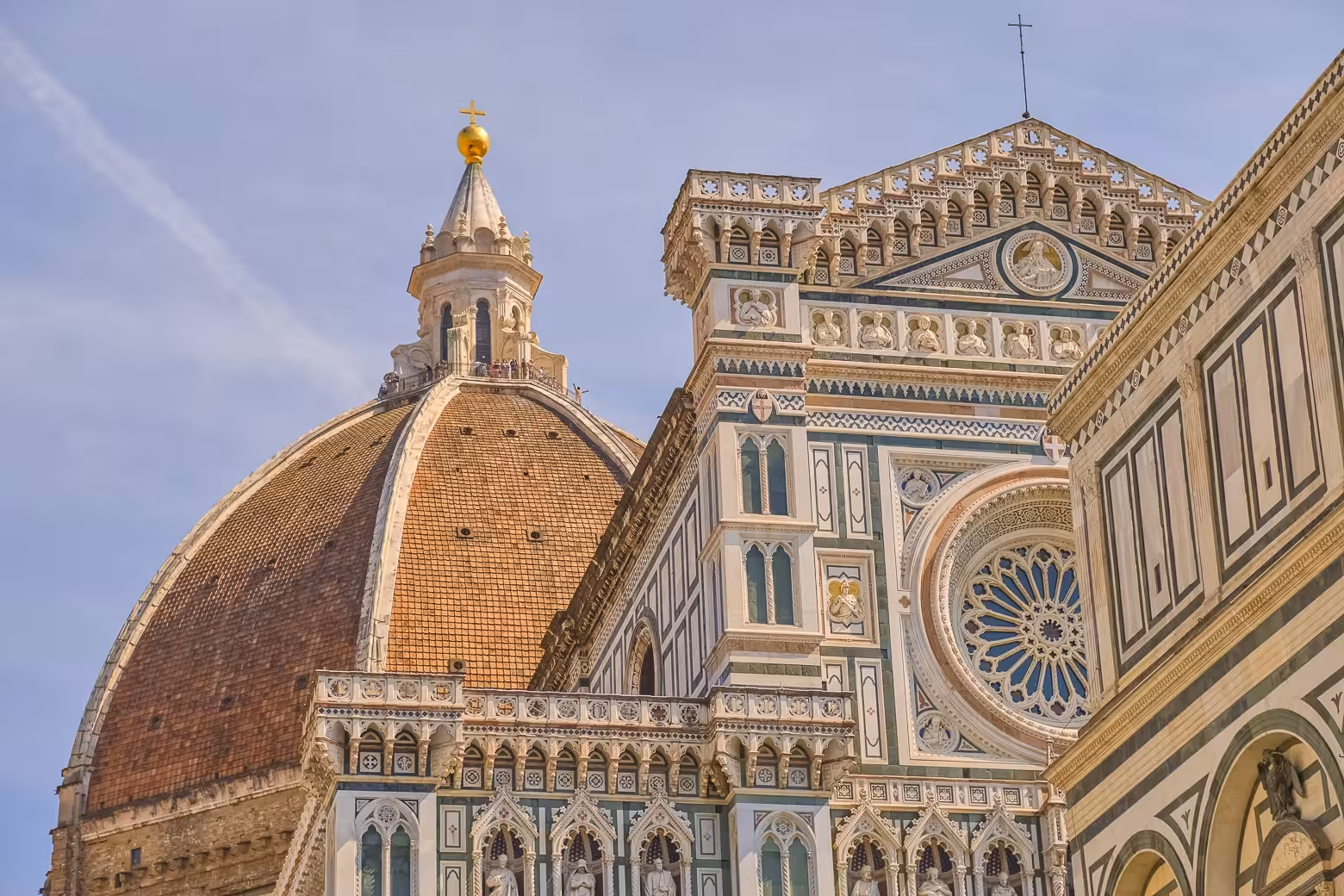 Close-up of the iconic Florence Duomo Cathedral showcasing its intricate architecture and magnificent dome.