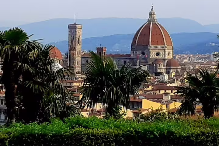 Panoramic view of Florence Duomo and historic skyline framed by lush greenery on a private excursion from Livorno port