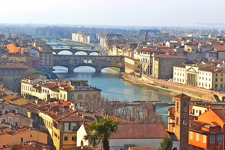 Panoramic view of Florence and Ponte Vecchio over the Arno River, included on Florence and Pisa day trip from La Spezia
