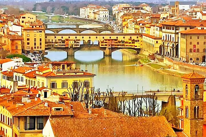 Scenic panorama of Florence and Ponte Vecchio over the Arno River on a private Livorno shore excursion with Chianti wine