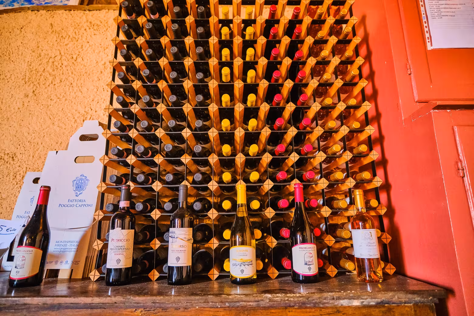 A vibrant display of assorted wine bottles at a Florence wine cellar, highlighting the variety of local vintages.