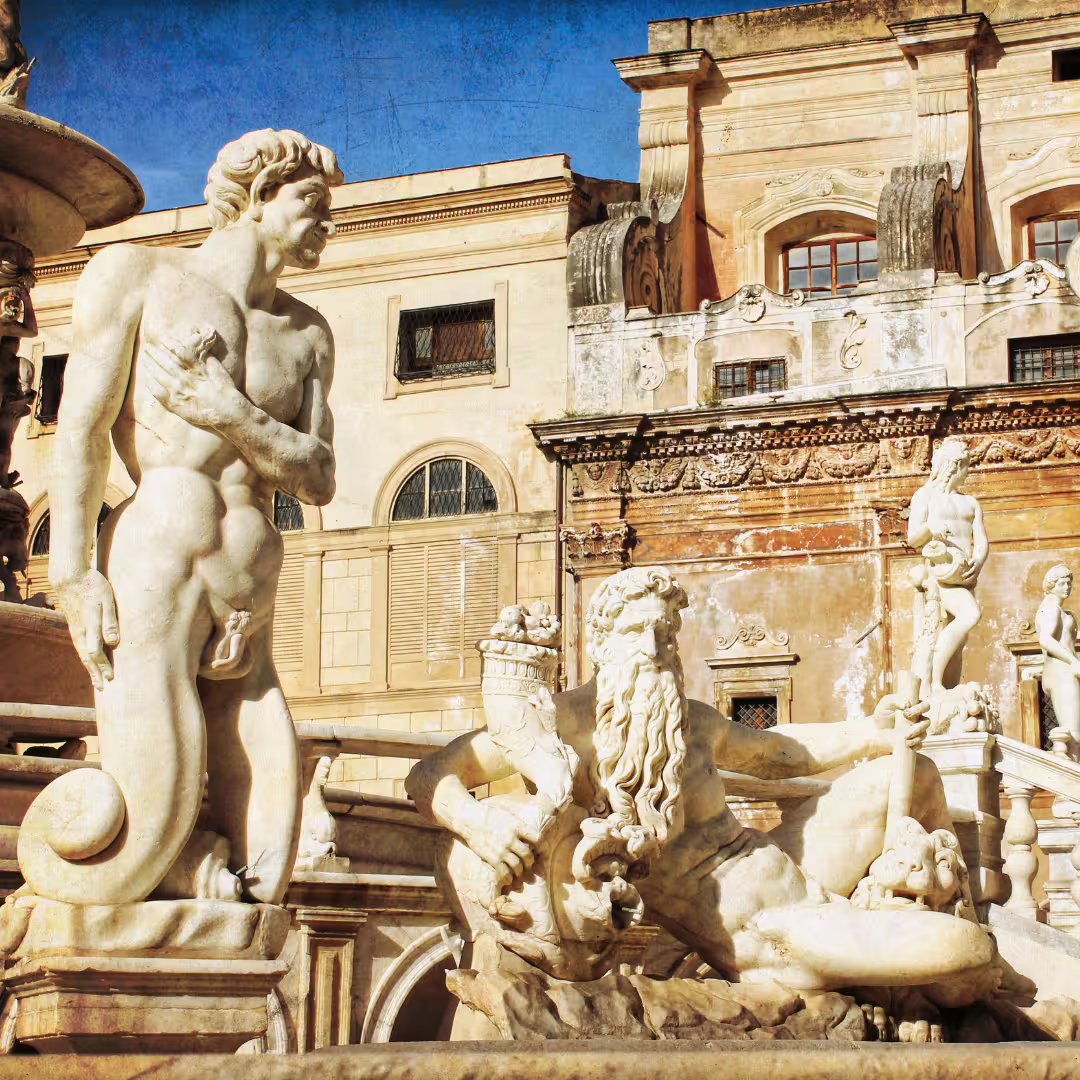 Renaissance marble statues of Fontana Pretoria in Palermo, a highlight on private Monreale and Mondello sightseeing tours