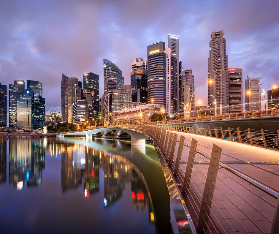 Singapore skyline view from Fort Canning with illuminated skyscrapers reflecting on Marina Bay at dusk.