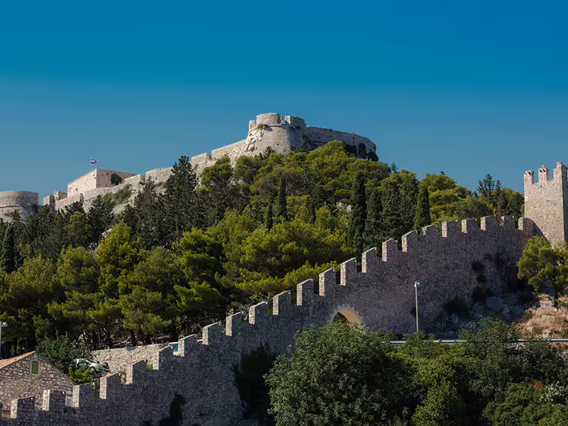 Fortica Fortress overlooking Hvar Town and Adriatic coastline, scenic viewpoint on Hvar private boat tour