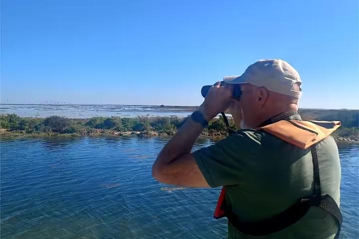 Guide in life jacket watching wildlife through binoculars on Ria Formosa boat tour lagoon