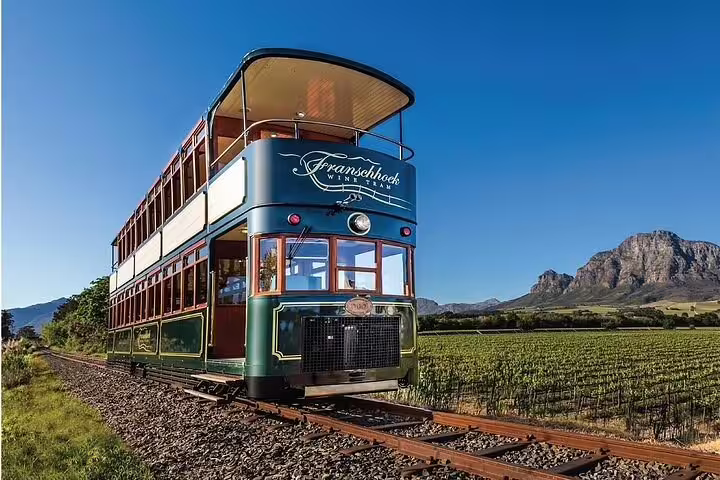 Franschhoek Wine Tram on a track beside vineyards, offering picturesque views of the surrounding mountains.