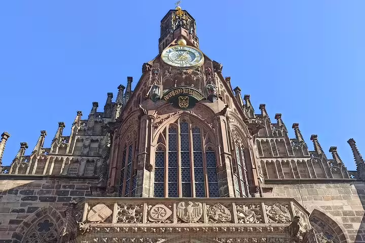 Close-up of Frauenkirche clock on Nuremberg self-guided scavenger hunt tour in Old Town