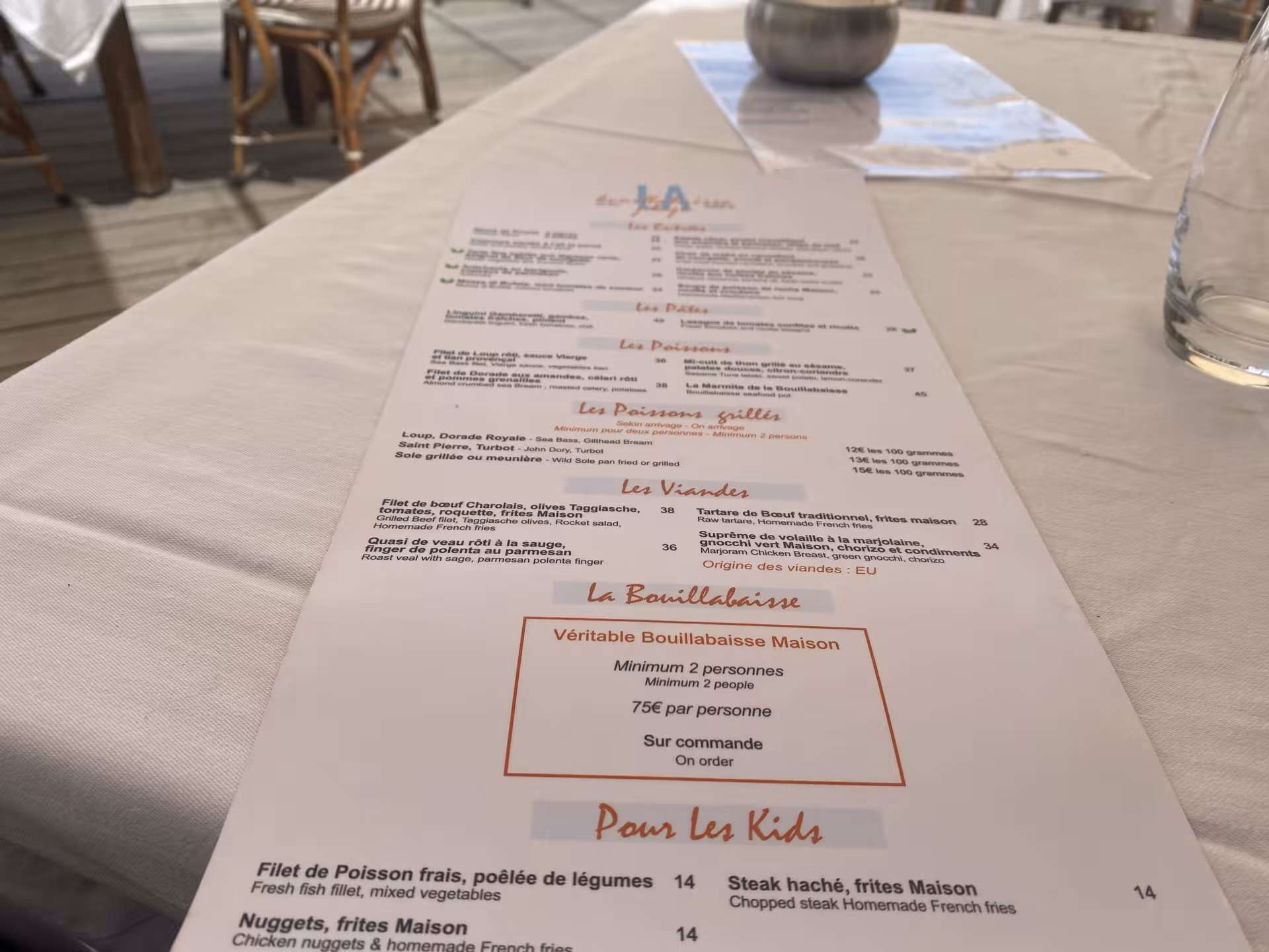 French Riviera restaurant menu featuring bouillabaisse, ideal lunch stop on a private Hyères, Le Lavandou and Saint-Tropez tour