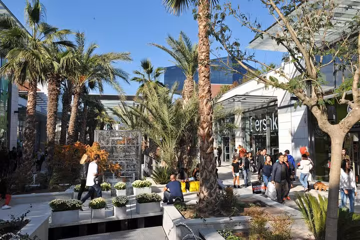 Vibrant shopping promenade in French Riviera lined with palm trees and bustling with visitors enjoying the sunny day.