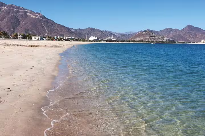 Pristine sandy beach with clear blue waters and mountainous backdrop in Fujairah, perfect for nature exploration tours.