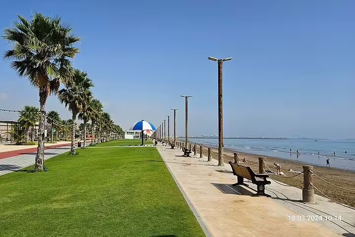 Scenic Fujairah beach promenade with palm trees and ocean views on a sunny day, ideal for a leisurely stroll.