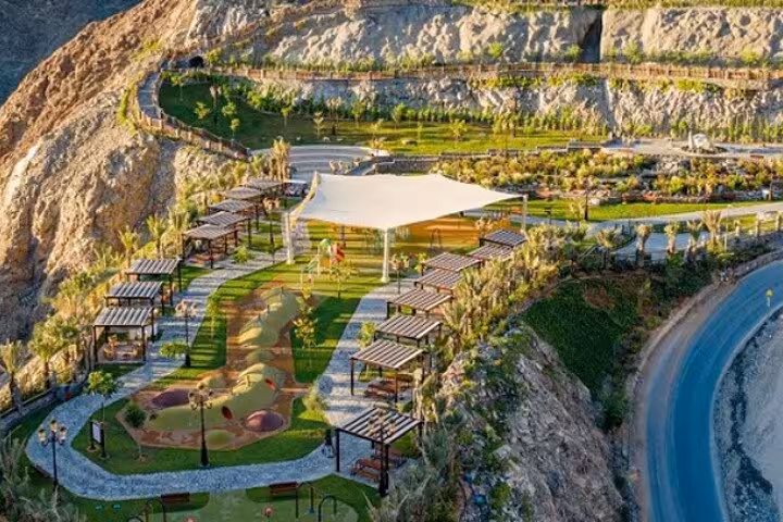 Scenic mountain viewpoint park in Fujairah on Khorfakkan safari sightseeing tour with shaded pergolas