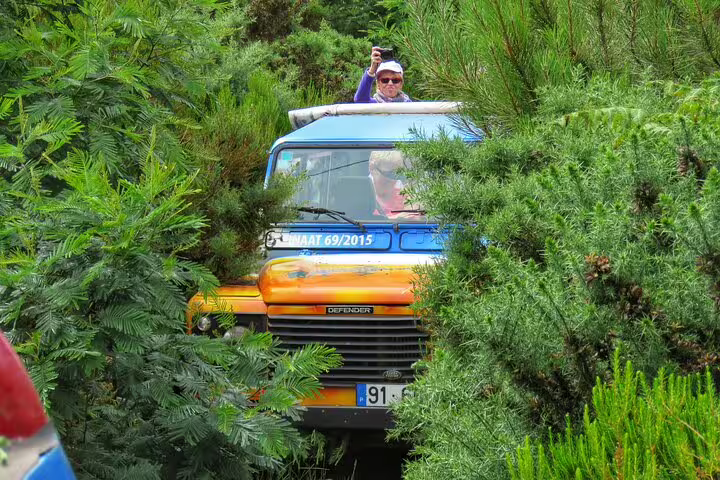 4x4 vehicle navigates lush, dense greenery on a full-day private tour in West Madeira, showcasing adventure and local exploration.