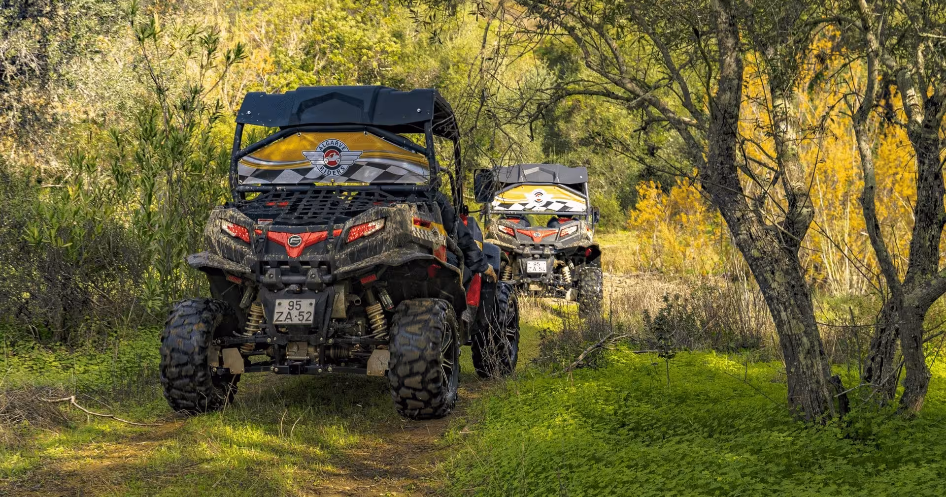 Guided full day buggy tour driving off-road through lush Algarve countryside trails and scenic green forest landscapes
