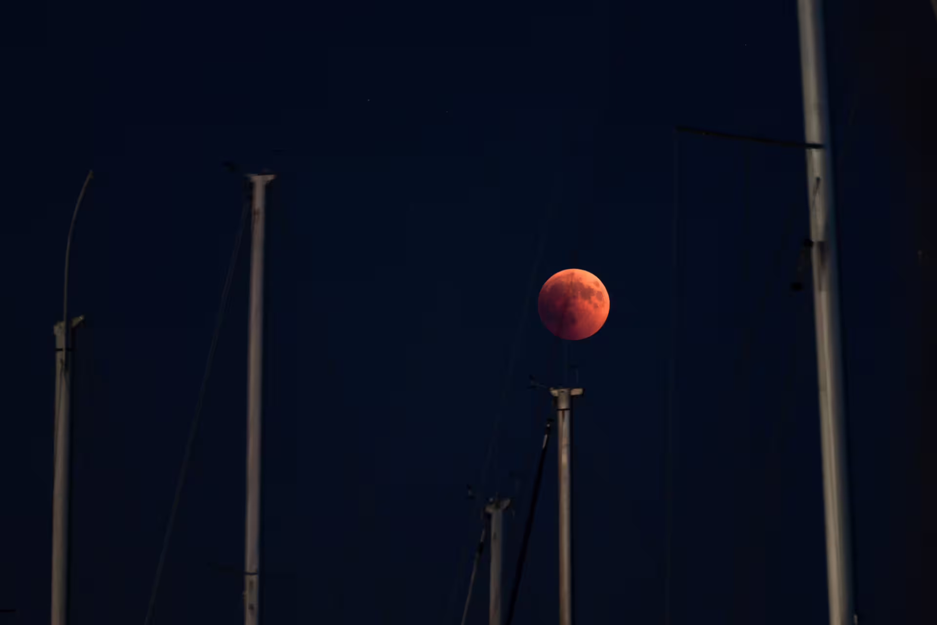 Full moon on the masts of sailboats moored in port, closed night.