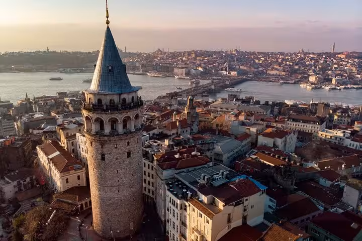 Galata Tower skyline view at sunset, a must-see stop on private Istanbul tour with Bosphorus city panoramas