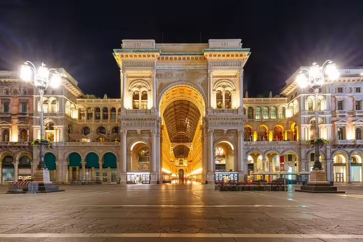 Night view of Galleria Vittorio Emanuele II in central Milan, a highlight of the guided private city and La Scala tour
