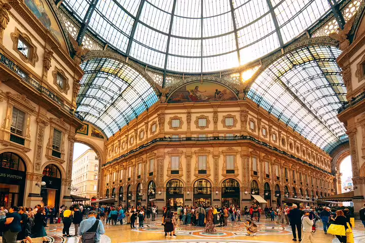 Crowds inside Galleria Vittorio Emanuele II, a key stop on the guided private Milan city and La Scala Theatre tour