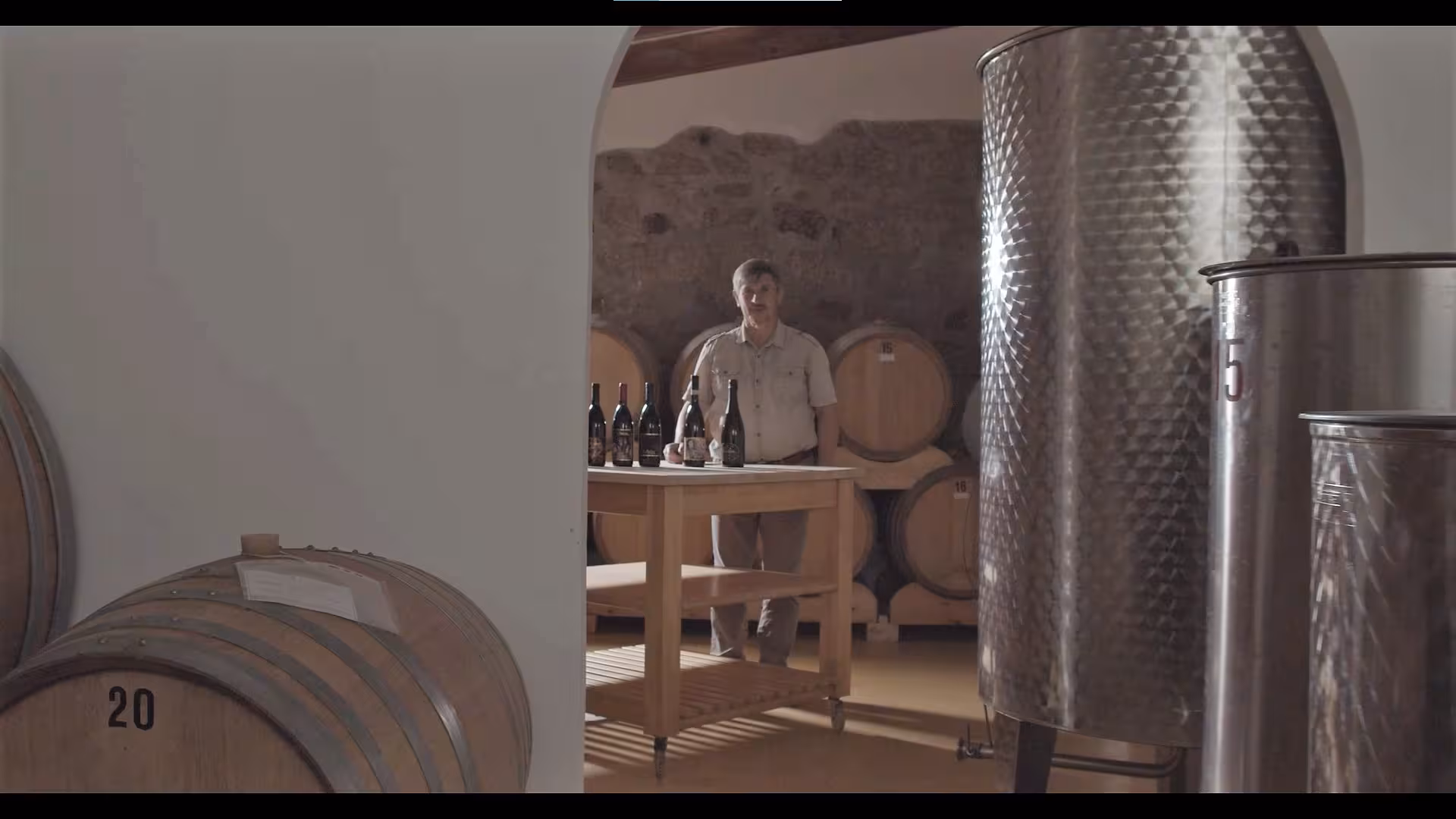 Winemaker standing by wine barrels in a Gallura wine cellar during an exclusive Olbia tasting experience.