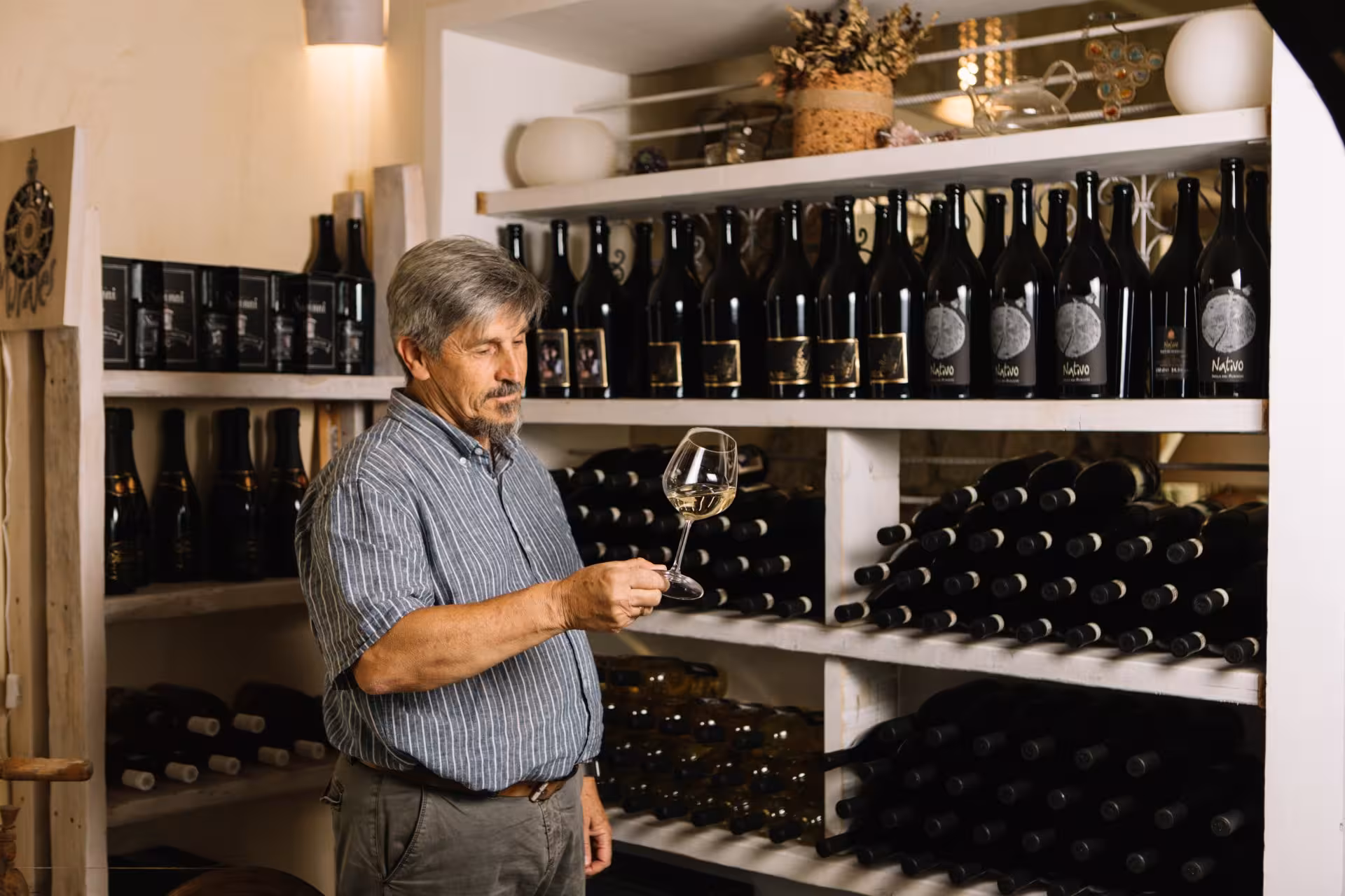 Winemaker examining a glass of white wine in a Gallura winery's atmospheric cellar in Olbia.