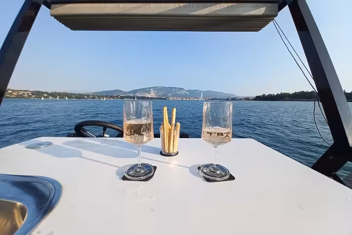 Two glasses of wine on a table with scenic views of Lake Geneva and distant mountains during a private cruise.