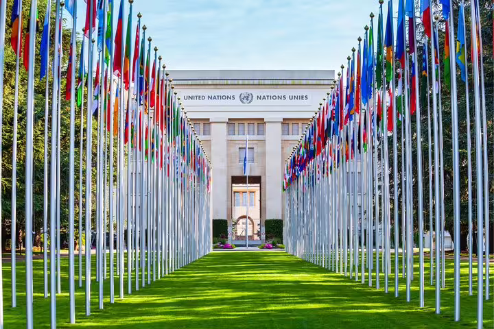 United Nations Office in Geneva with flag avenue, a top landmark on the Geneva scavenger hunt self-guided tour