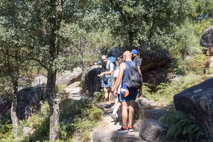 Tourists walking through a scenic forested path in Geres National Park, enjoying nature and adventure.