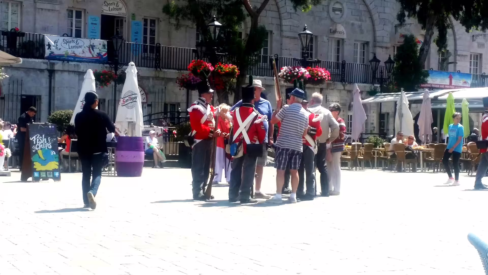 British redcoat reenactors in Gibraltar’s Main Square during a private Gibraltar tour from Costa del Sol