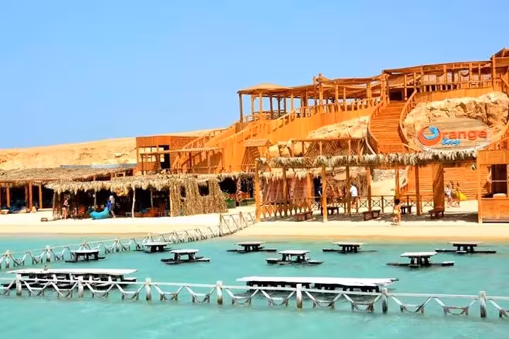 Giftun Island beach camp and floating platforms in turquoise Red Sea, Hurghada boat trip with lunch and water sports