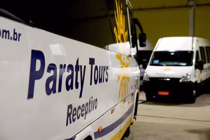 Comfortable Paraty Tours shuttle bus ready for exclusive transport from GIG Airport to Rio de Janeiro South hotels.