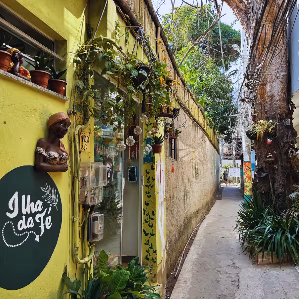 Charming alley on Gigóia Island with vibrant plants, perfect for a Rio's Pantanal private walking tour.