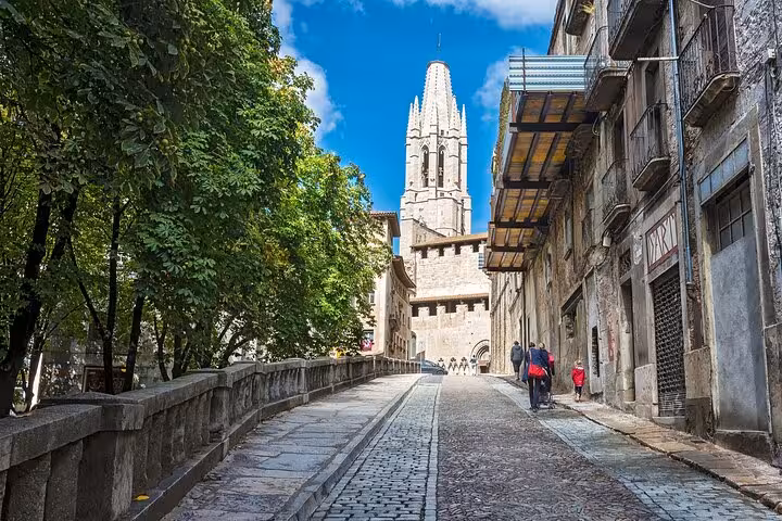 Cobblestone street leads to the majestic Girona Cathedral, a highlight on the private 2-hour city walk.