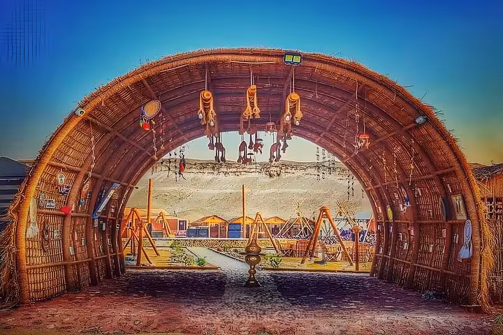 Entrance arch to Giza Bedouin camp for VIP Arabian Night dinner and show, traditional desert decor