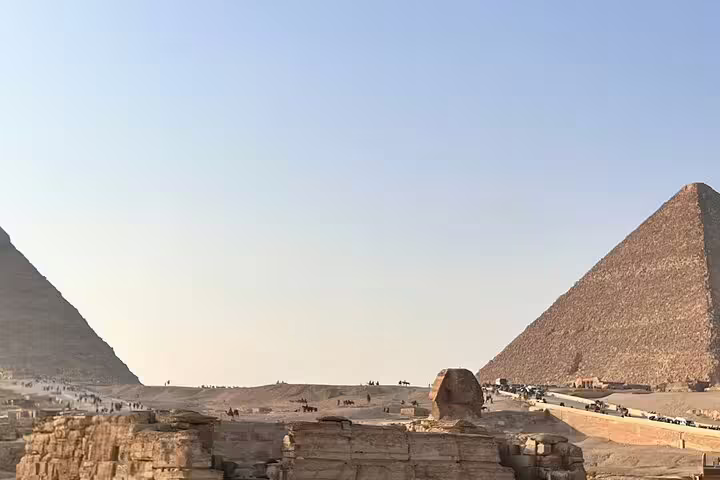 Panoramic view of the Giza Plateau pyramids on Cairo day trip by plane from Sharm El Sheikh, Egypt