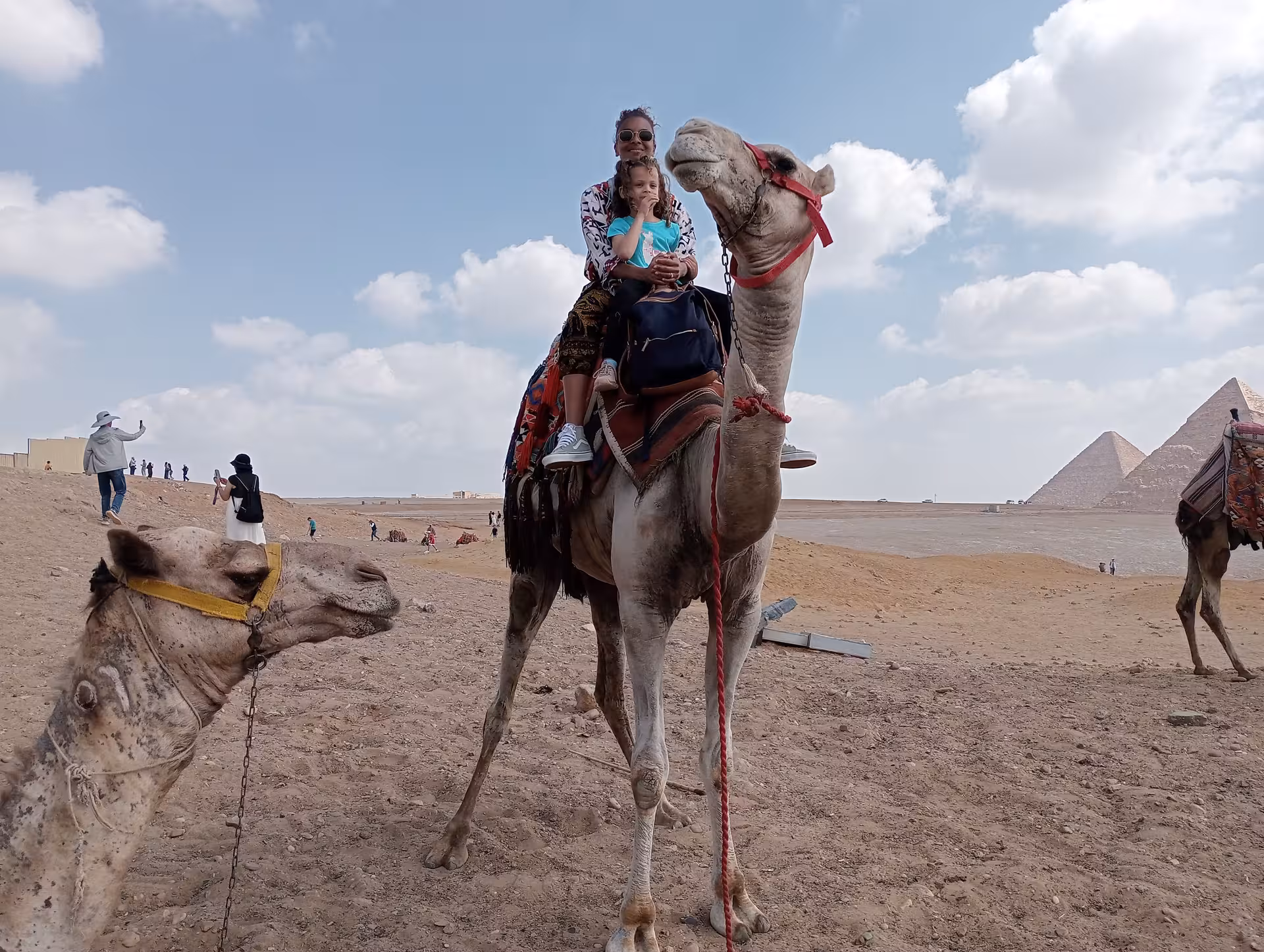 Viajeros en paseo en camello en las Pirámides de Guiza, experiencia de día completo con guía en El Cairo