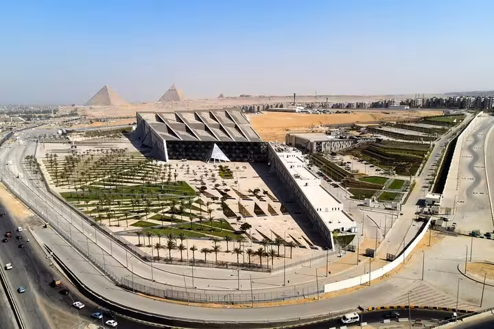 Aerial view of the Grand Egyptian Museum near Giza Pyramids, featured on private guided tour itinerary