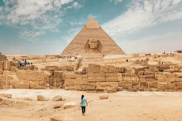 Sphinx and Great Pyramid panorama at Giza Plateau, part of a private guided Giza Pyramids and GEM tour