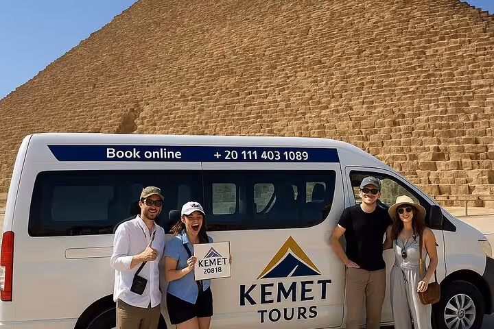 Private Giza Pyramids tour pickup van with guests, half-day Great Sphinx and pyramids guided excursion