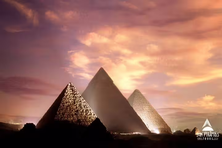 Giza Pyramids at sunset in Cairo, Egypt, iconic landmark view included in 5 day Cairo vacation package