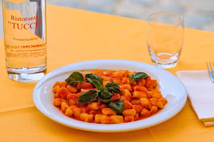A plate of freshly made gnocchi with tomato sauce and basil, served at a restaurant near Piazza Navona in Rome.