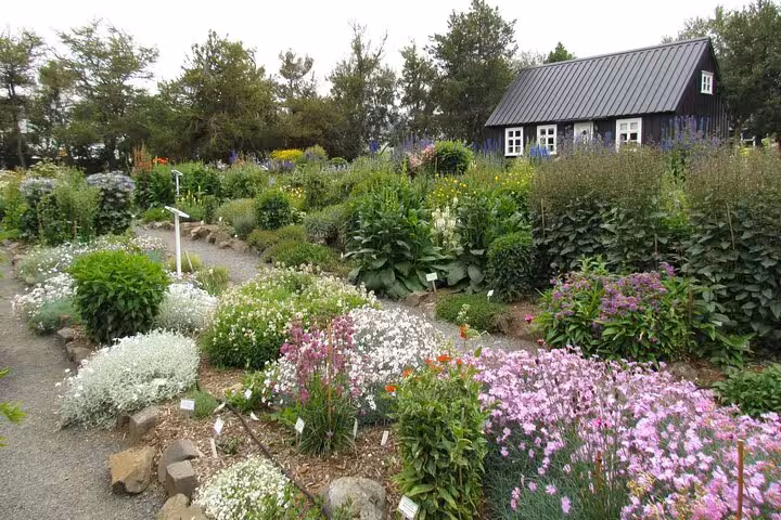 Lush botanical garden with vibrant flowers and quaint black cottage, offering a scenic stop in Akureyri.