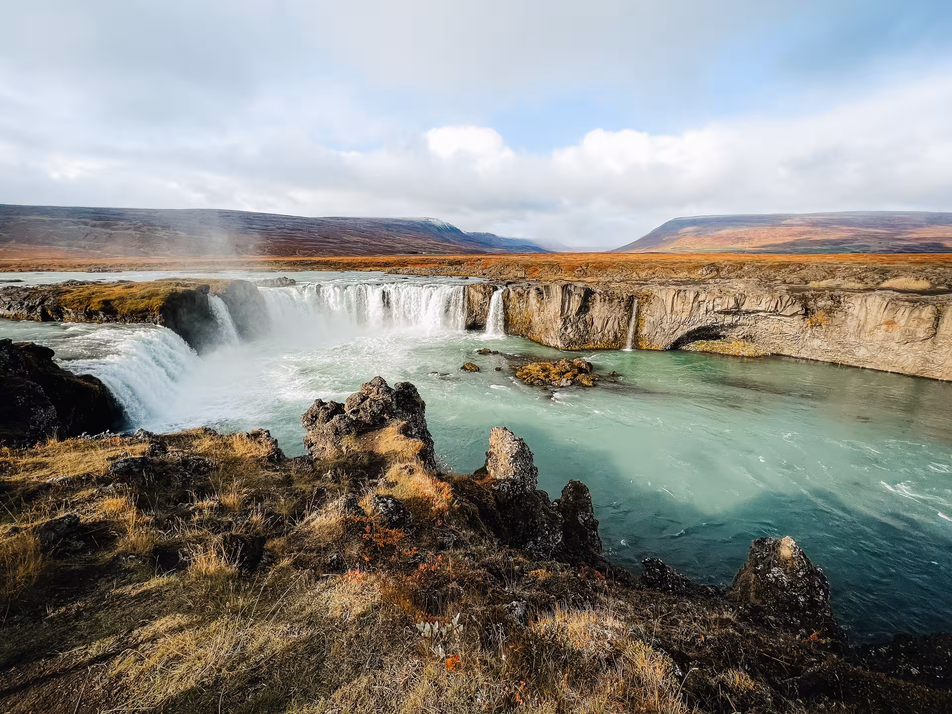 Panoramic Goðafoss Waterfall on Skjálfandafljót River, scenic stop on Akureyri shore excursion