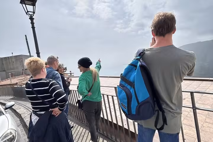 Tourists capturing panoramic views from a scenic overlook on 'The Godfather' tour, highlighting Sicily's beauty.